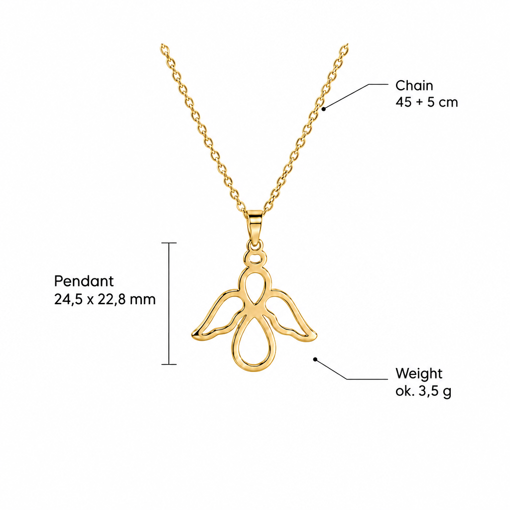 Specyfikacja złotego naszyjnika anioł-nieskończoność: wisiorek 24,5 x 22,8 mm, łańcuszek 45+5 cm, ok. 3,5 g – 3PAY2