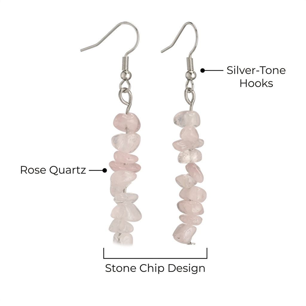 Kolczyki Rose Quartz, angielski opis detali na białym tle