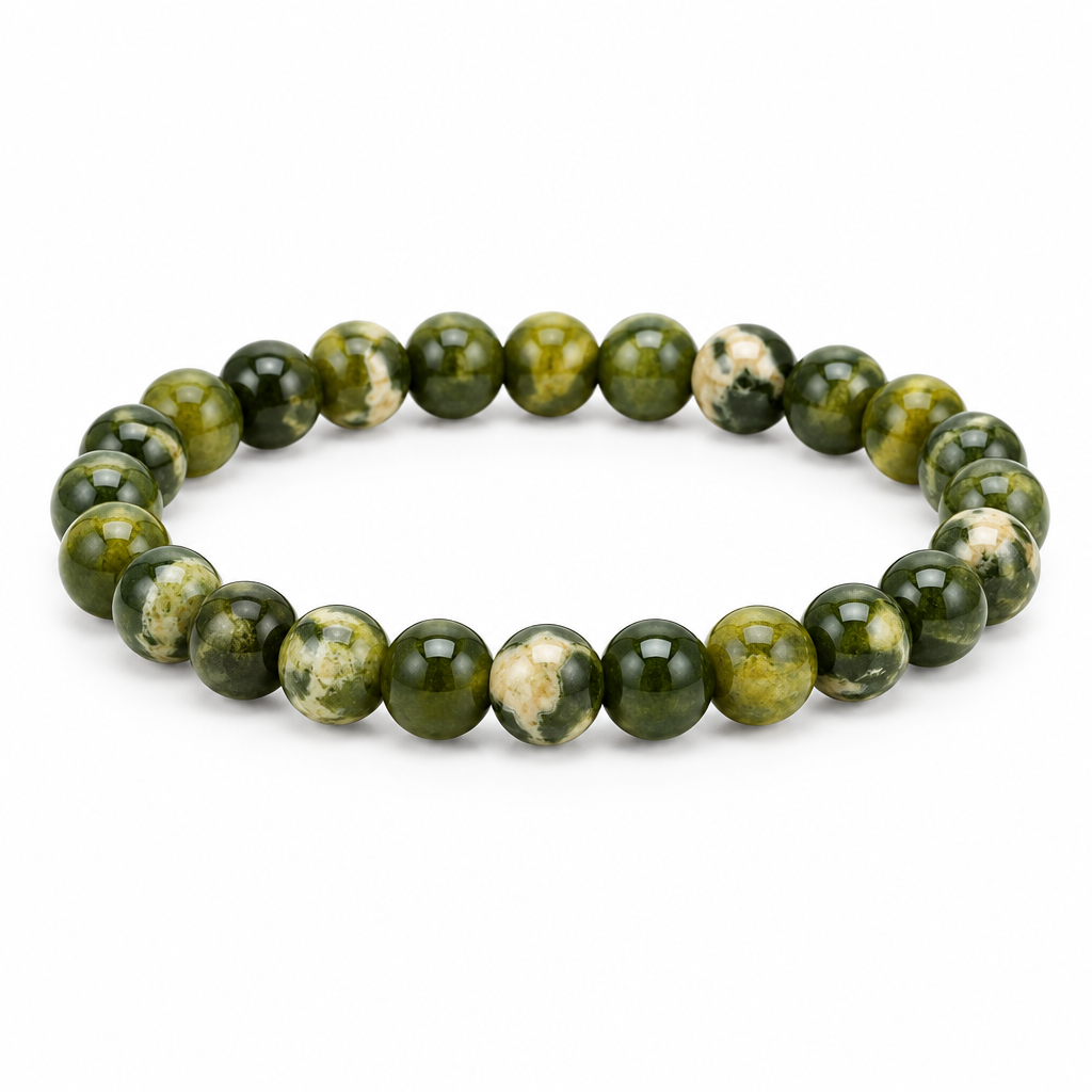 Bransoletka oliwkowozielona z kremowym marmurkowaniem, produkt na bialym tle