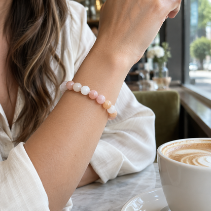 Bransoletka Pink Aventurine na nadgarstku, lifestyle restauracja