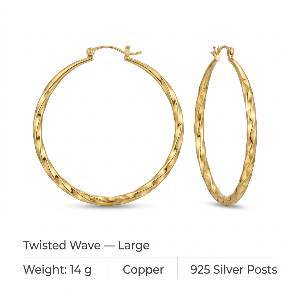 Duże złote kolczyki Twisted Wave, specyfikacja z wagą 14 g na białym tle