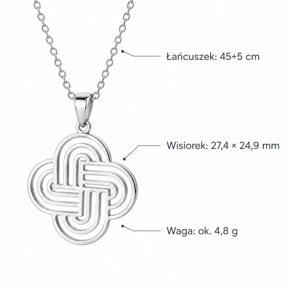 Srebrny naszyjnik z węzłem celtyckim – specyfikacja: łańcuszek 45+5 cm, wisiorek 27,4×24,9 mm, waga ok. 4,8 g