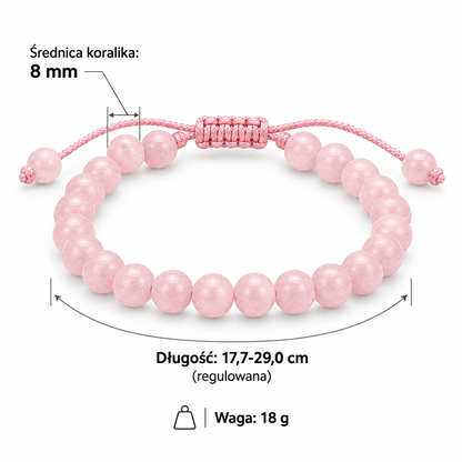 Specyfikacja bransoletki z różowego kwarcu: średnica koralika 8 mm, długość regulowana 17,7–29,0 cm, waga 18 g