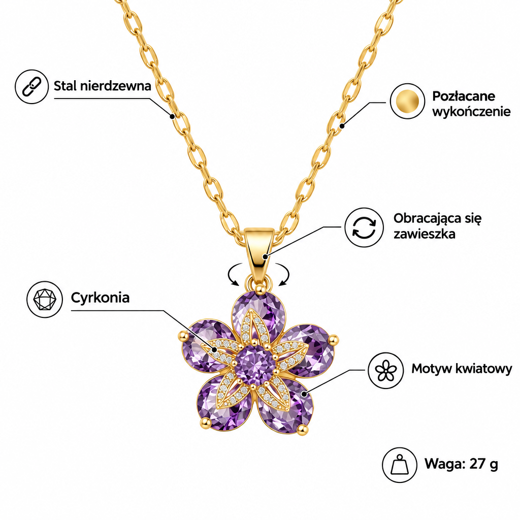 Specyfikacja naszyjnika: stal nierdzewna, pozlacane wykonczenie, cyrkonia, kwiatowy motyw, zawieszka obracajaca sie, waga 27 g