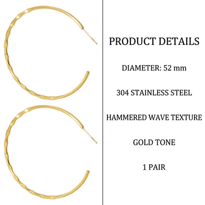 Specyfikacja złotych kolczyków kół: średnica 52 mm, stal nierdzewna 304 i młotkowana faktura