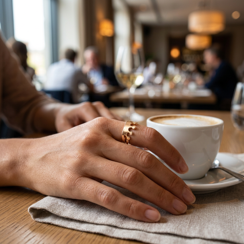 Jeden złoty pierścionek z gładką koroną na dłoni przy kawie w restauracji