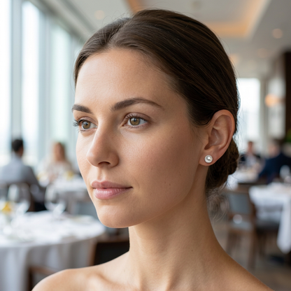Modelka z małym perłowym sztyftem w restauracji