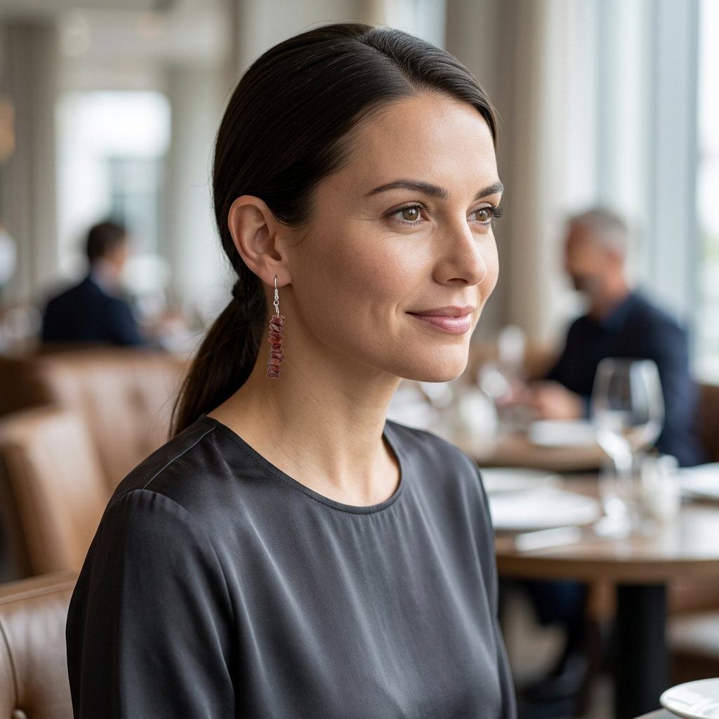 Modelka z wiszącym kolczykiem z czerwonego jaspisu w restauracji
