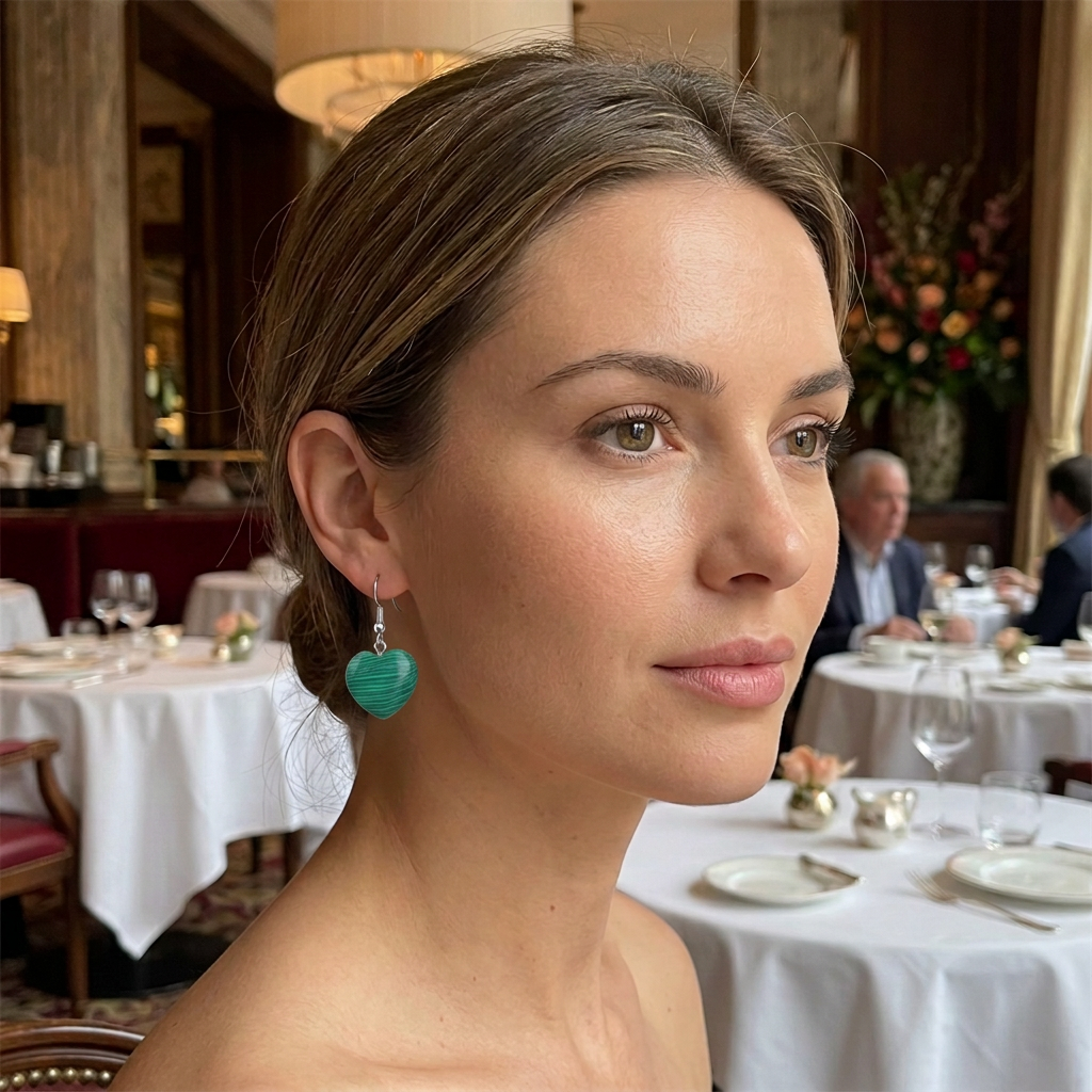Modelka z zielonym kolczykiem sercem zmniejszonym o 50 procent w restauracji