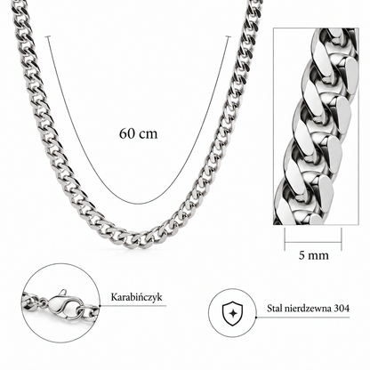 Wymiary naszyjnika pancerka ze stali nierdzewnej 304: długość 60 cm, szerokość 5 mm