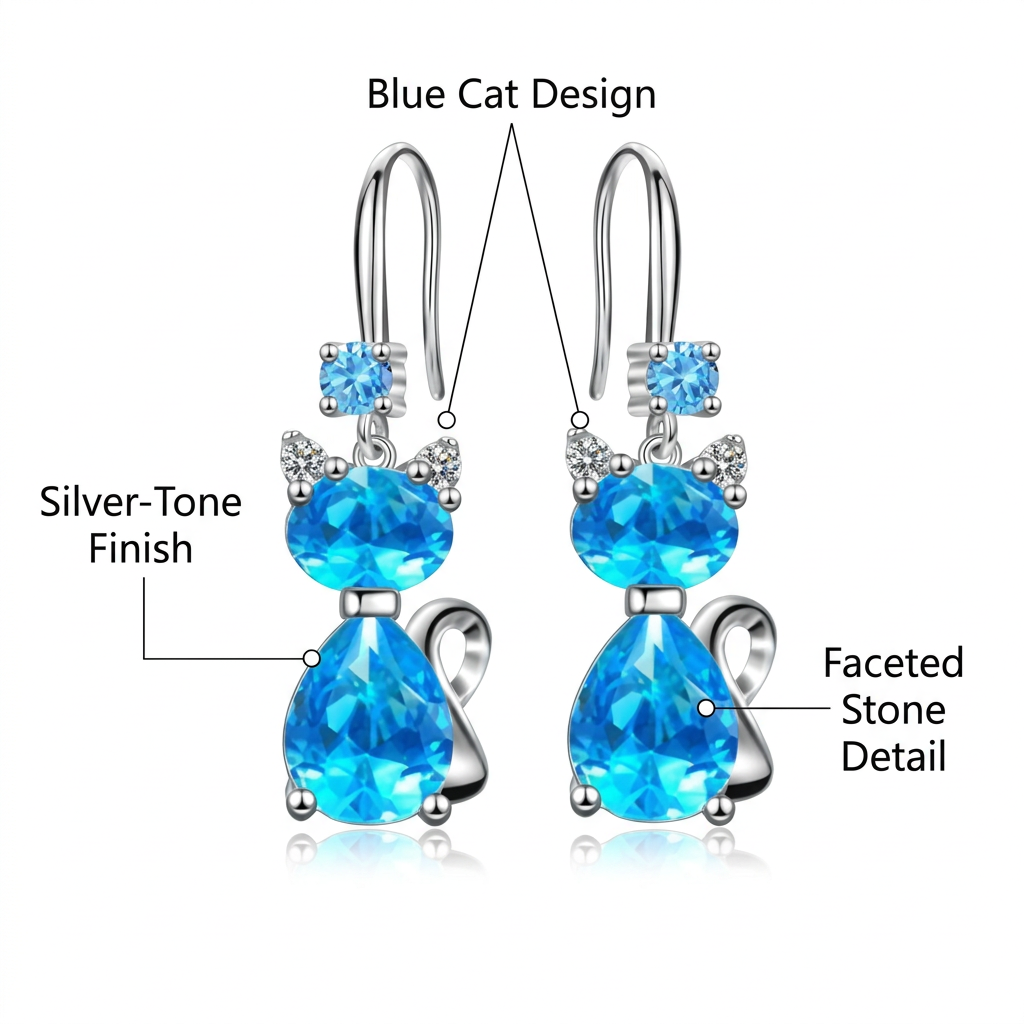Niebieskie kolczyki kotki, angielski opis detali na białym tle