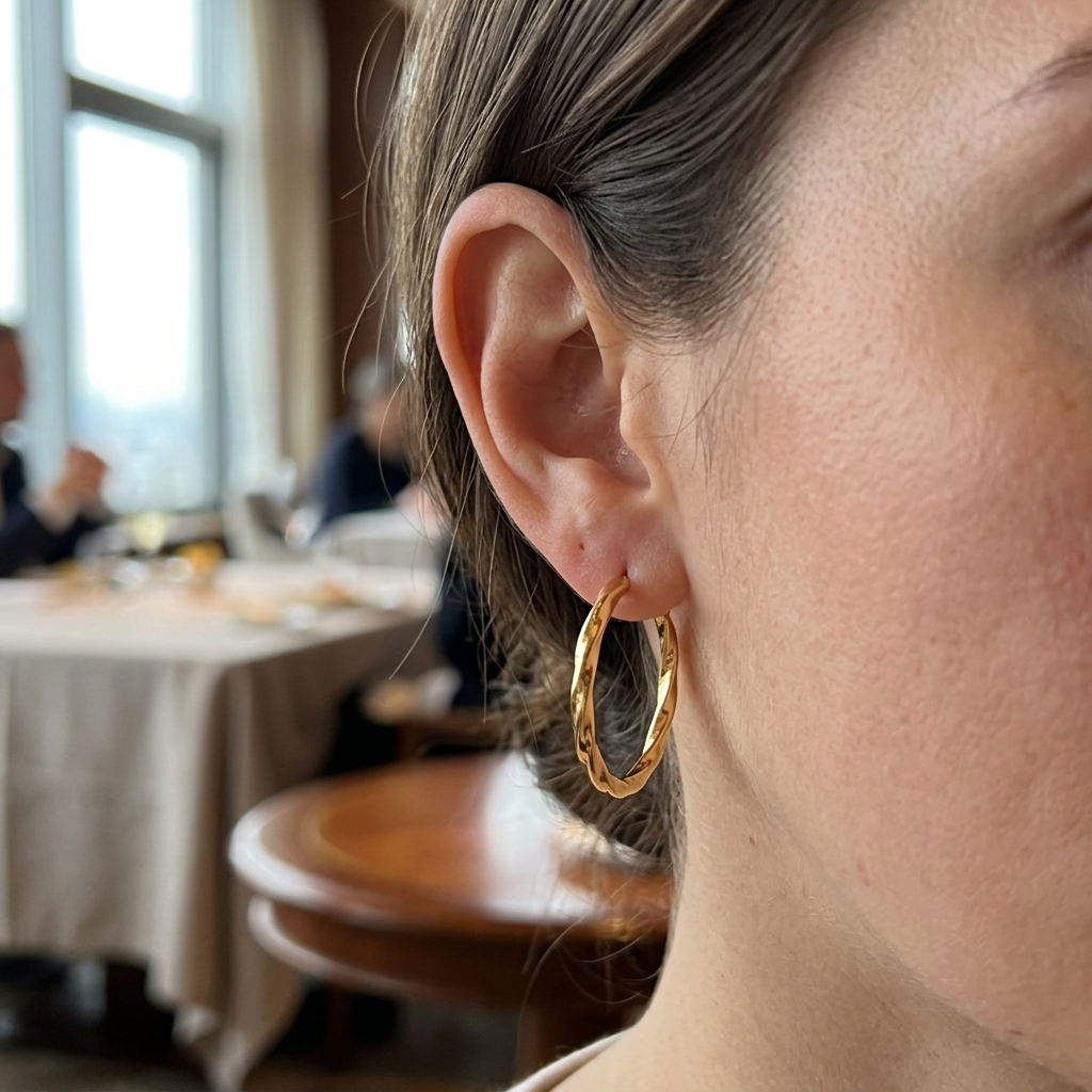 Złoty kolczyk kółko ze skręconym wzorem na modelce w restauracji