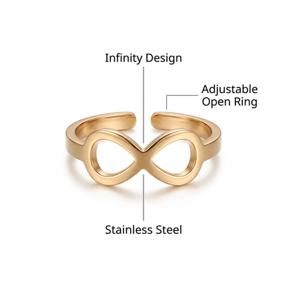 Złoty pierścionek Infinity, angielska specyfikacja na białym tle